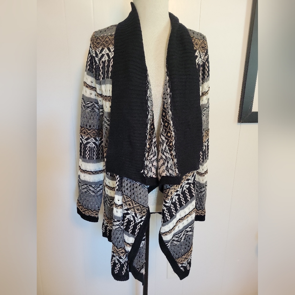 C Est 1946 Black Gray Multi Crochet Knit Eyelet Open Front Cardigan Size L NWT